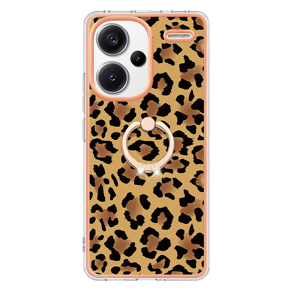 YB IMD Series-20 Style D for Xiaomi Redmi Note 13 Pro+ 5G Case with Ring Holder 2.0mm TPU Gold Edge Phone Cover - Leopard Print