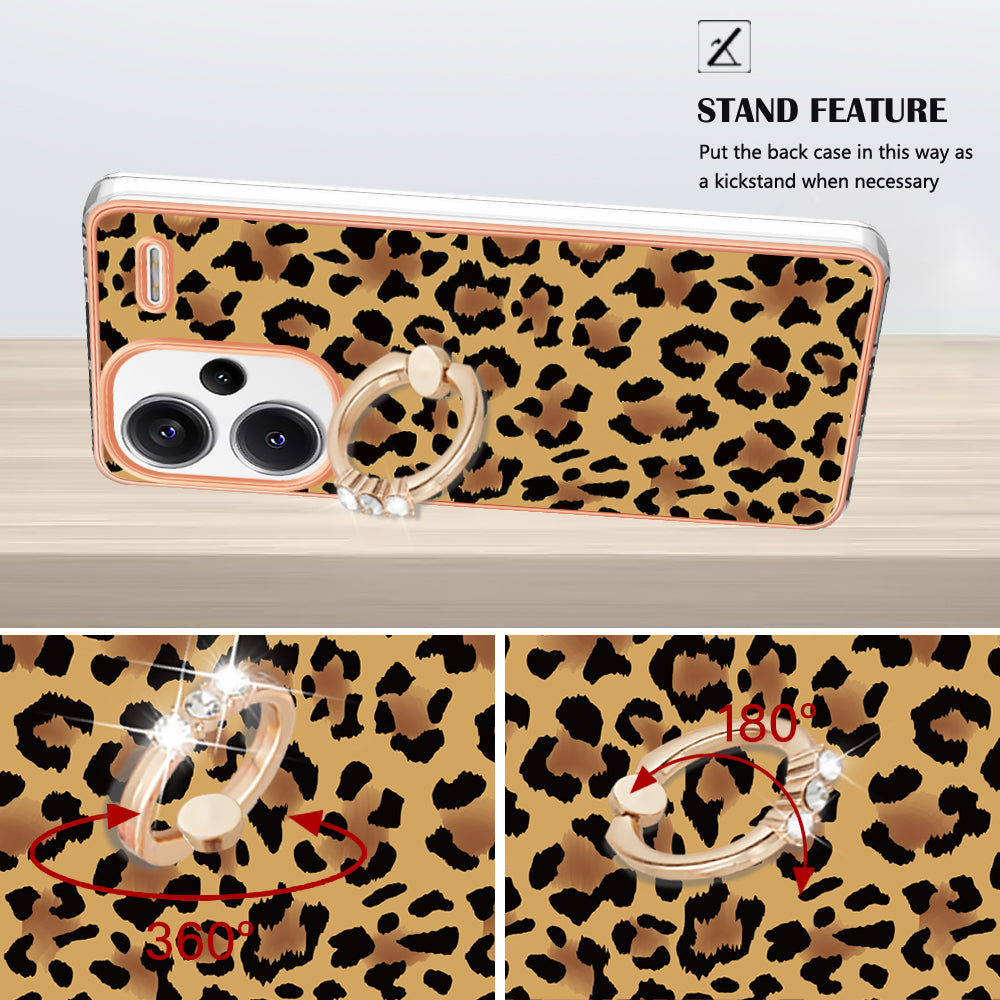 YB IMD Series-20 Style D for Xiaomi Redmi Note 13 Pro+ 5G Case with Ring Holder 2.0mm TPU Gold Edge Phone Cover - Leopard Print