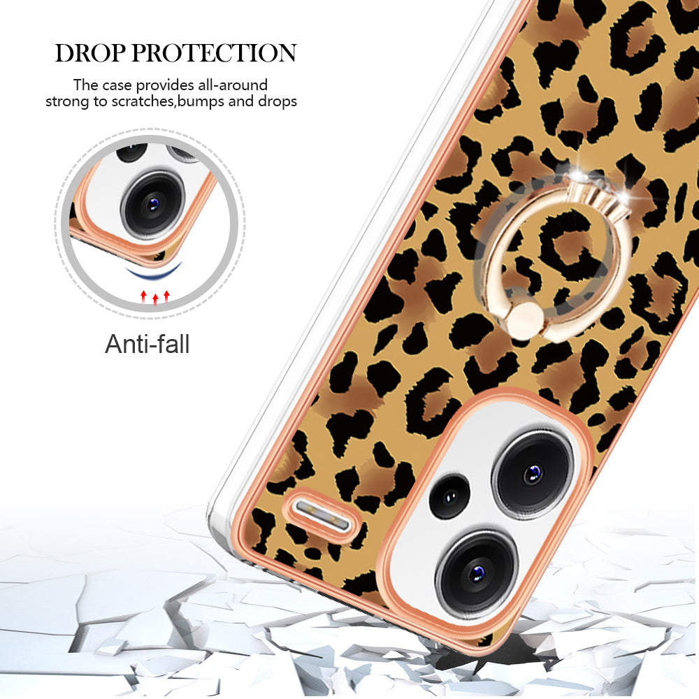 YB IMD Series-20 Style D for Xiaomi Redmi Note 13 Pro+ 5G Case with Ring Holder 2.0mm TPU Gold Edge Phone Cover - Leopard Print