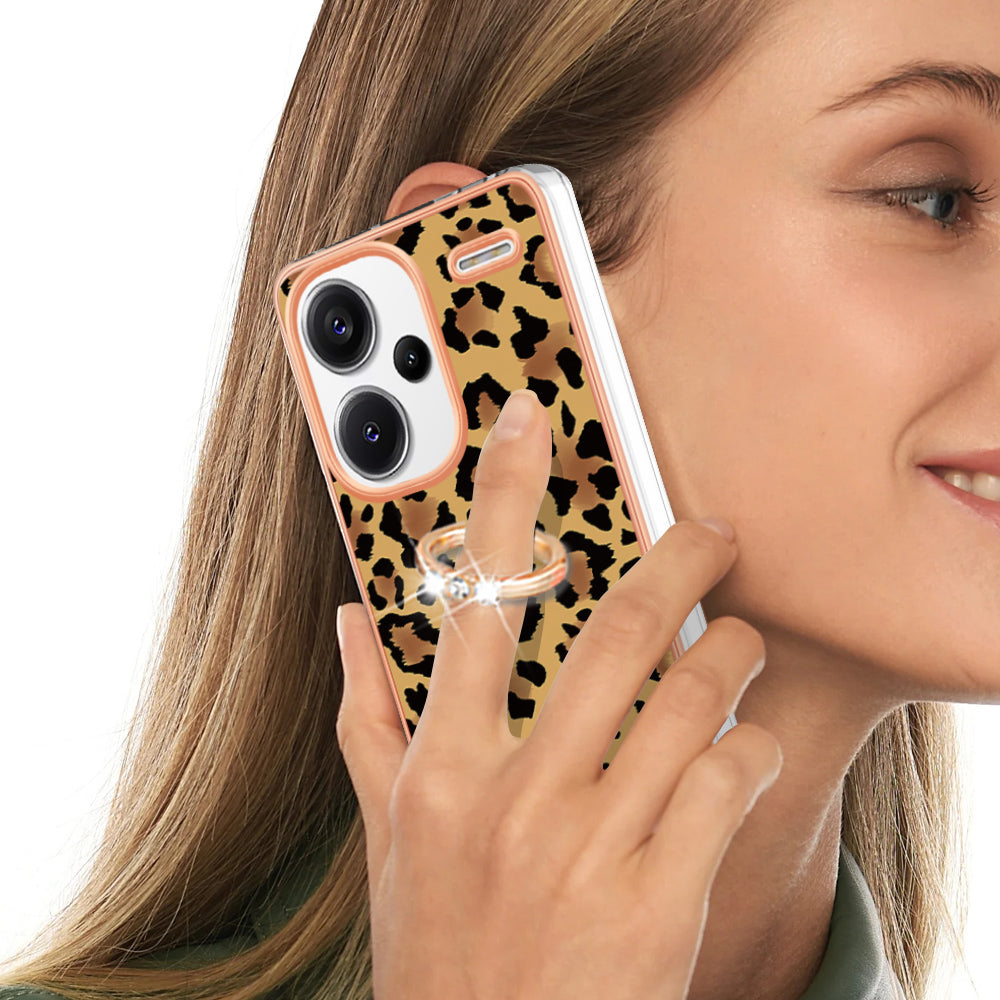 YB IMD Series-20 Style D for Xiaomi Redmi Note 13 Pro+ 5G Case with Ring Holder 2.0mm TPU Gold Edge Phone Cover - Leopard Print