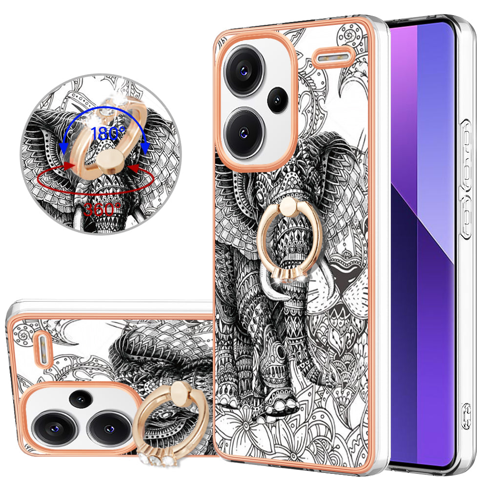 YB IMD Series-20 Style D for Xiaomi Redmi Note 13 Pro+ 5G Case with Ring Holder 2.0mm TPU Gold Edge Phone Cover - Totem Elephant