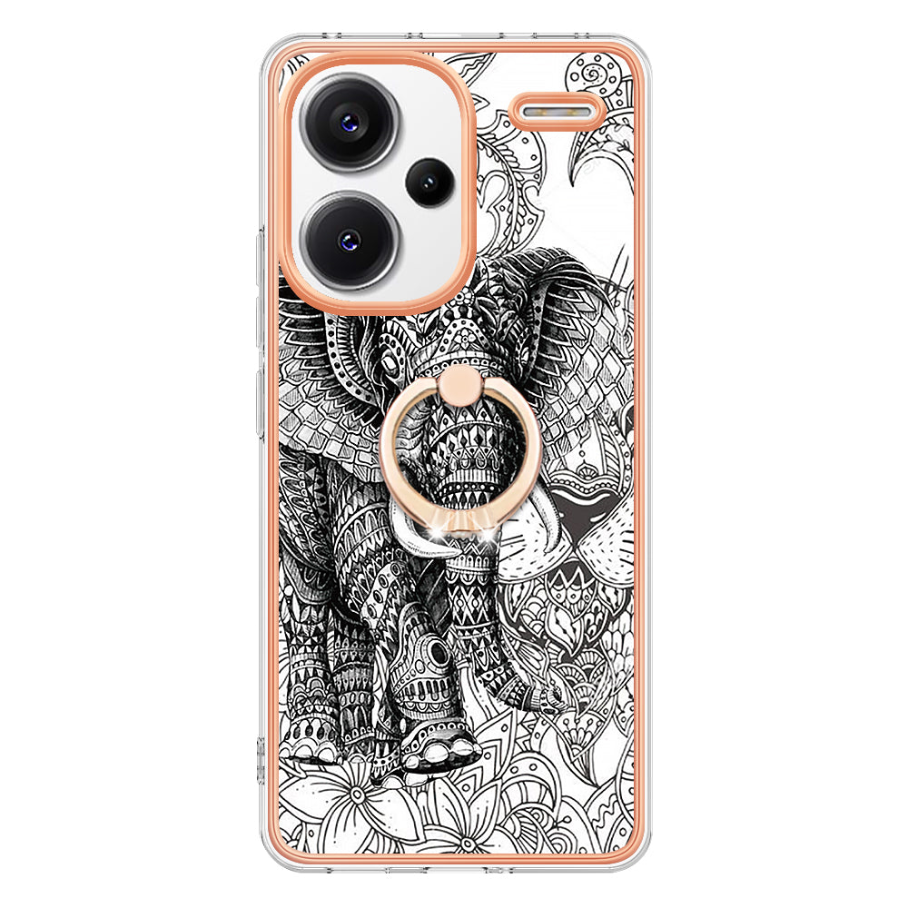 YB IMD Series-20 Style D for Xiaomi Redmi Note 13 Pro+ 5G Case with Ring Holder 2.0mm TPU Gold Edge Phone Cover - Totem Elephant