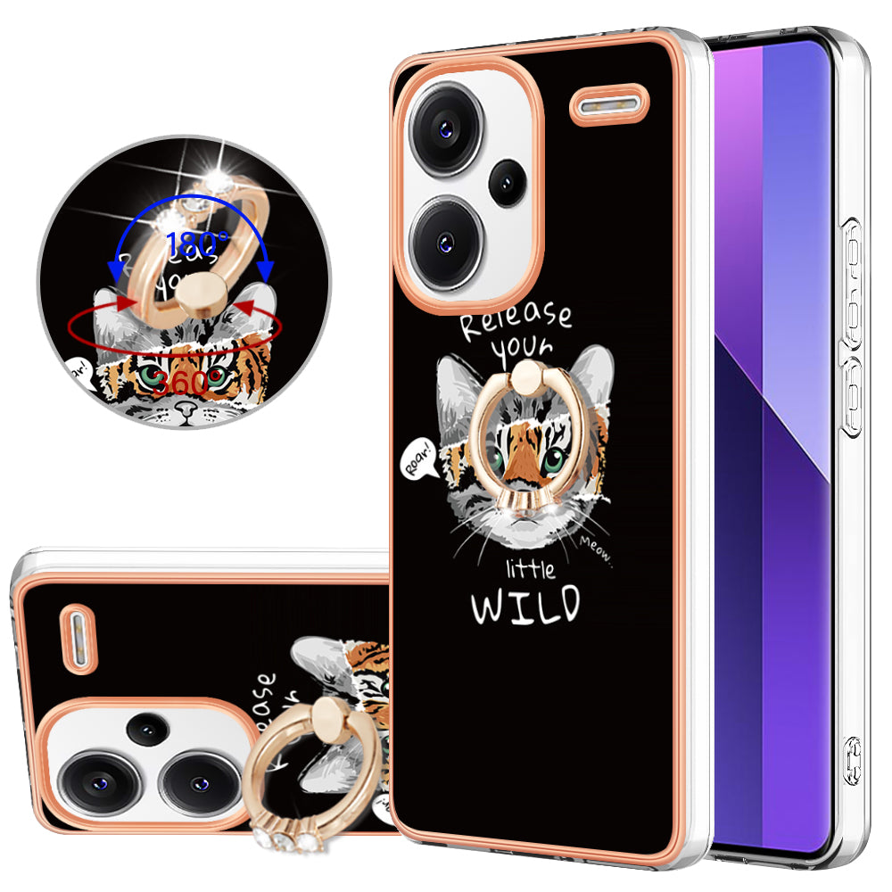 YB IMD Series-20 Style D for Xiaomi Redmi Note 13 Pro+ 5G Case with Ring Holder 2.0mm TPU Gold Edge Phone Cover - Cat / Tiger