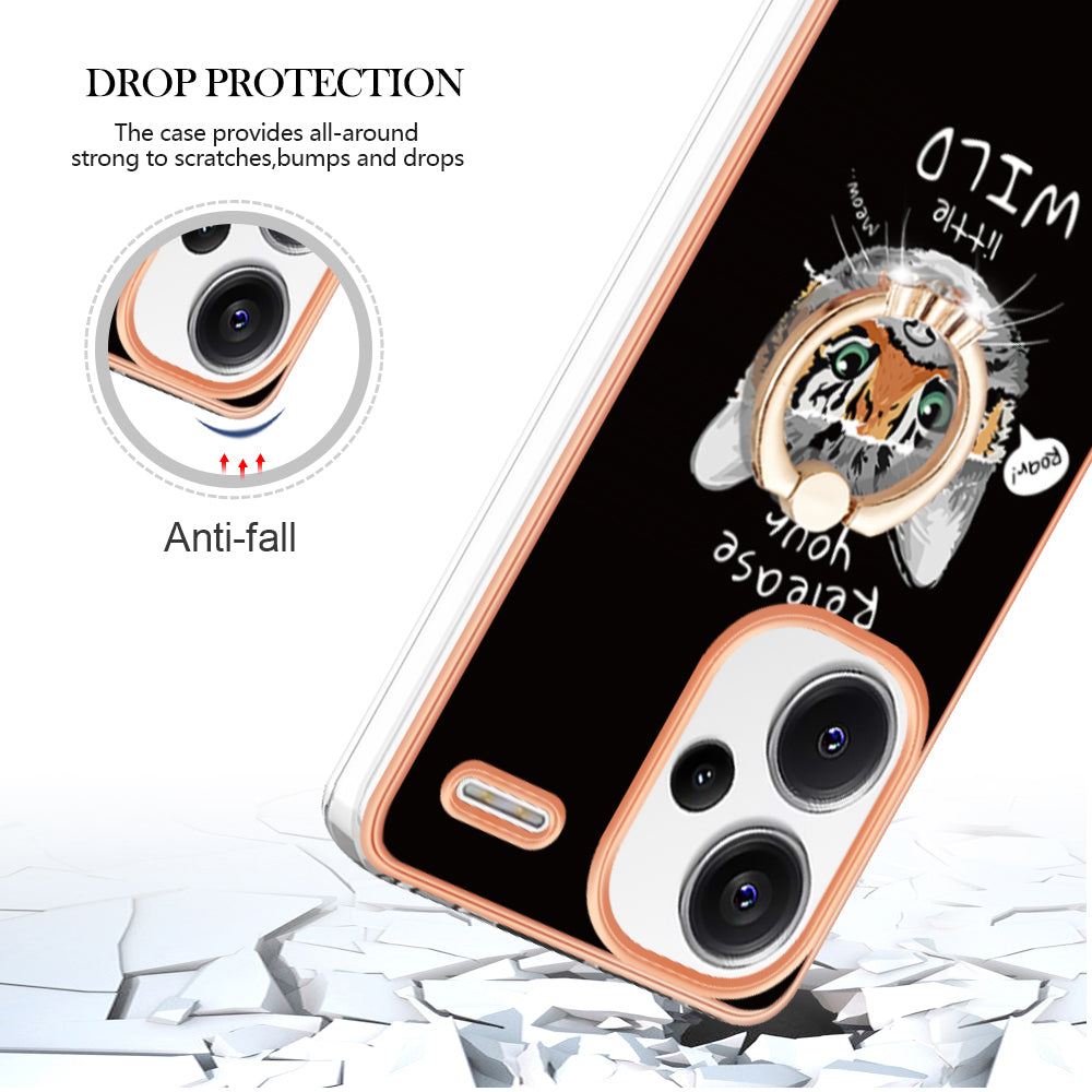 YB IMD Series-20 Style D for Xiaomi Redmi Note 13 Pro+ 5G Case with Ring Holder 2.0mm TPU Gold Edge Phone Cover - Cat / Tiger