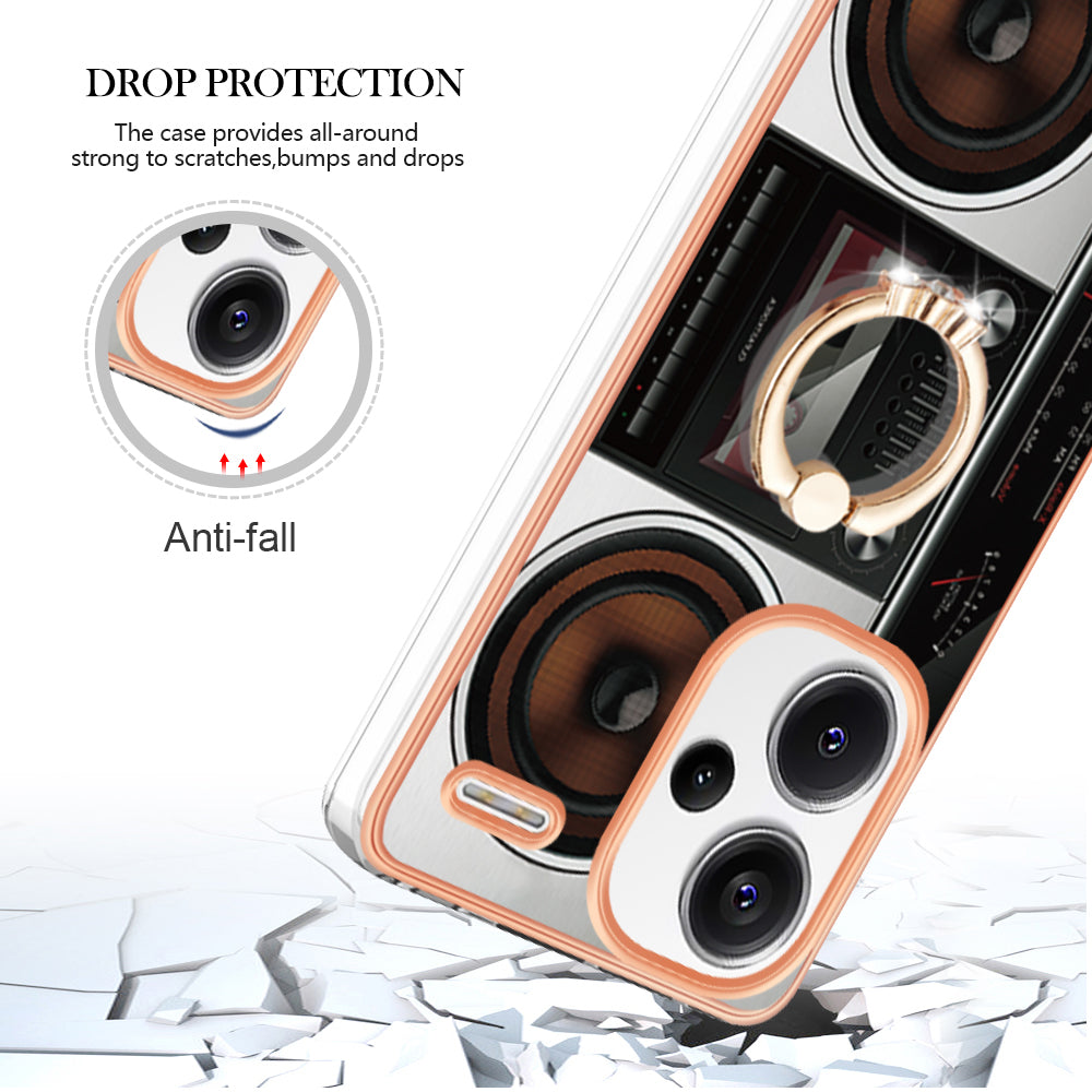 YB IMD Series-20 Style D for Xiaomi Redmi Note 13 Pro+ 5G Case with Ring Holder 2.0mm TPU Gold Edge Phone Cover - Radio