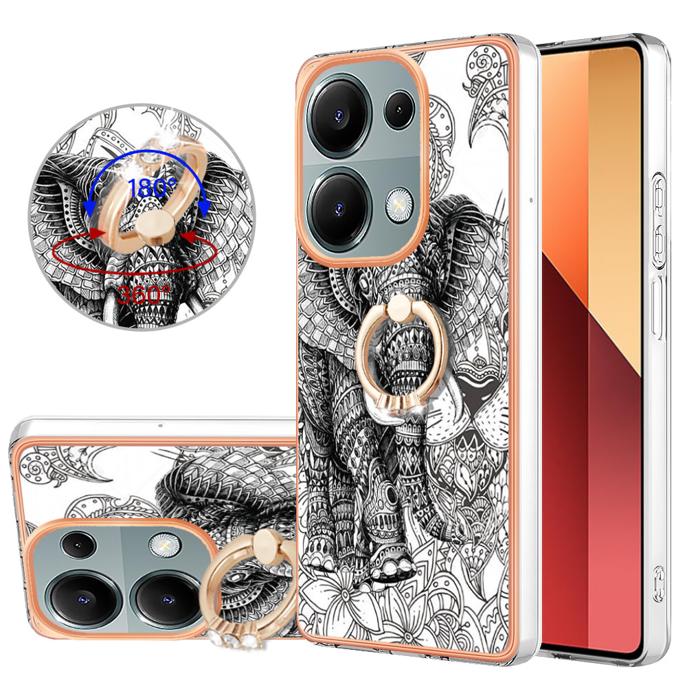 YB IMD Series-20 Style D for Xiaomi Redmi Note 13 Pro 4G / Poco M6 Pro 4G TPU Case Ring Kickstand 2.0mm Back Cover - Totem Elephant