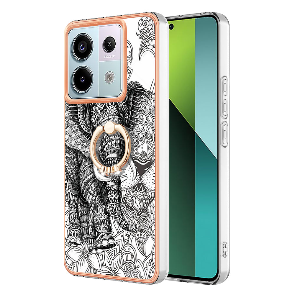 YB IMD Series-20 Style D for Xiaomi Redmi Note 13 Pro 5G / Poco X6 5G Case 2.0mm TPU Ring Kickstand Phone Cover - Totem Elephant