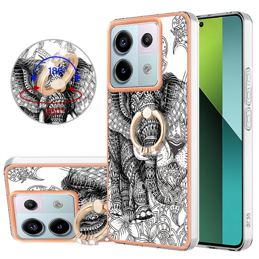 YB IMD Series-20 Style D for Xiaomi Redmi Note 13 Pro 5G / Poco X6 5G Case 2.0mm TPU Ring Kickstand Phone Cover - Totem Elephant