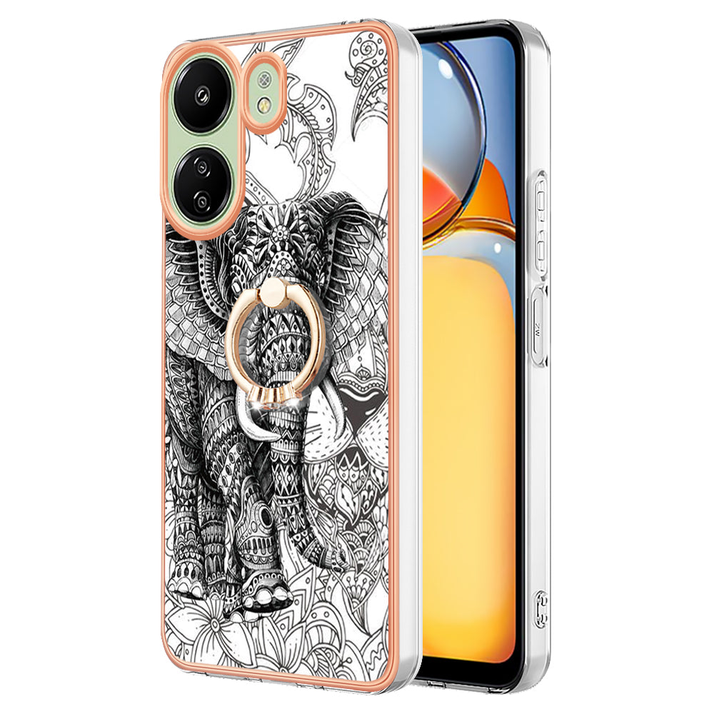 YB IMD Series-20 Style D for Xiaomi Redmi 13C 4G / Poco C65 4G TPU Back Case Ring Kickstand 2.0mm Cover - Totem Elephant