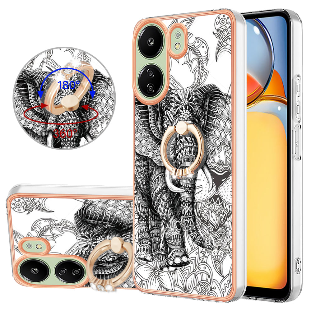 YB IMD Series-20 Style D for Xiaomi Redmi 13C 4G / Poco C65 4G TPU Back Case Ring Kickstand 2.0mm Cover - Totem Elephant