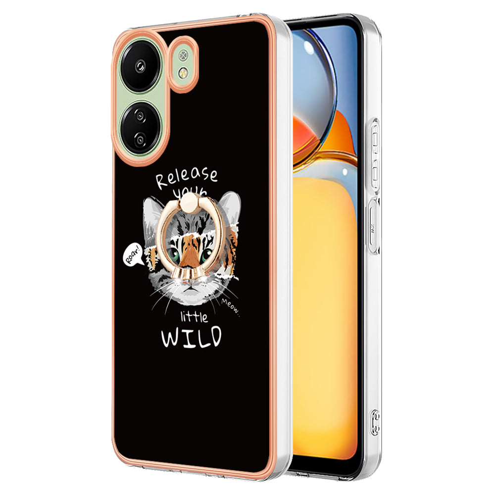 YB IMD Series-20 Style D for Xiaomi Redmi 13C 4G / Poco C65 4G TPU Back Case Ring Kickstand 2.0mm Cover - Cat  /  Tiger