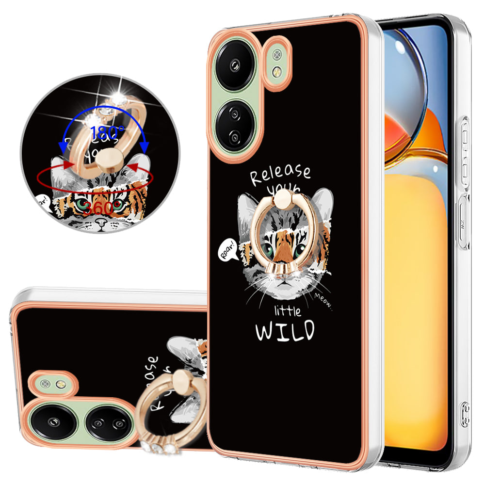 YB IMD Series-20 Style D for Xiaomi Redmi 13C 4G / Poco C65 4G TPU Back Case Ring Kickstand 2.0mm Cover - Cat  /  Tiger