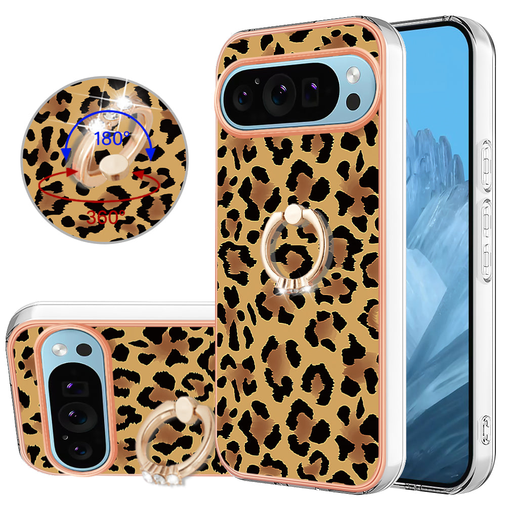 YB IMD Series-20 Style D for Google Pixel 9 Pro IMD Case TPU Phone Shell with Kickstand - Leopard Print