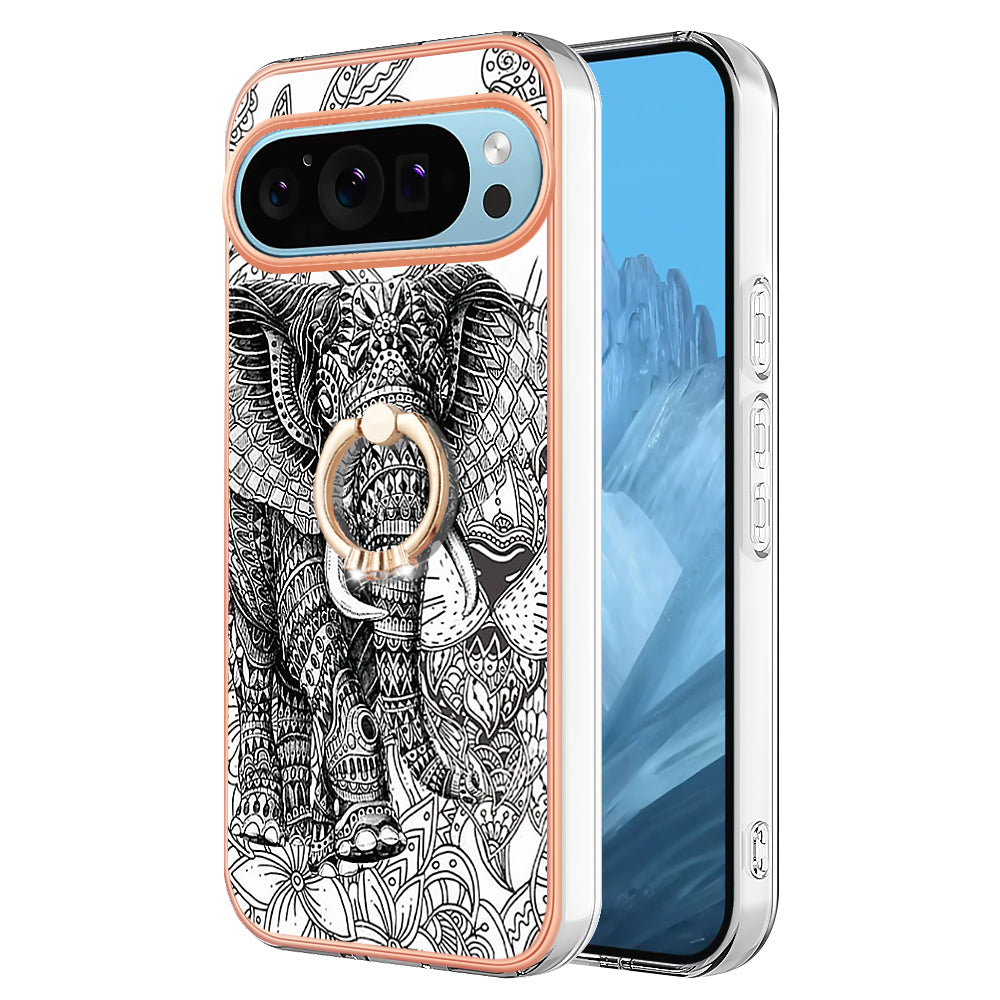 YB IMD Series-20 Style D for Google Pixel 9 Pro IMD Case TPU Phone Shell with Kickstand - Totem Elephant