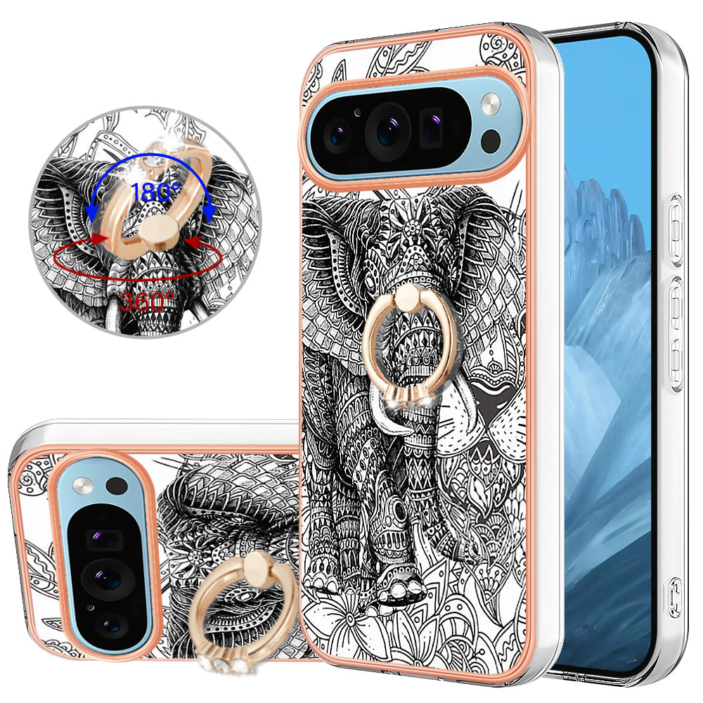 YB IMD Series-20 Style D for Google Pixel 9 Pro IMD Case TPU Phone Shell with Kickstand - Totem Elephant