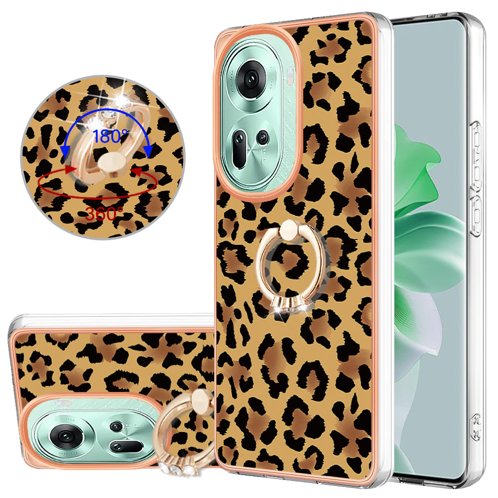 YB IMD Series-20 Style D for Oppo Reno11 5G (Global) Case 2.0mm Electroplating TPU Kickstand Cover - Leopard Print