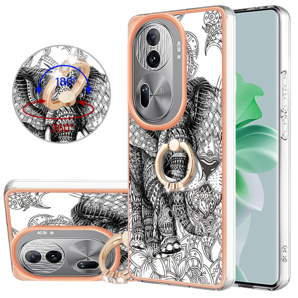 YB IMD Series-20 Style D for Oppo Reno11 Pro 5G (Global) TPU Case Pattern Printing 2.0mm Kickstand Cover - Totem Elephant