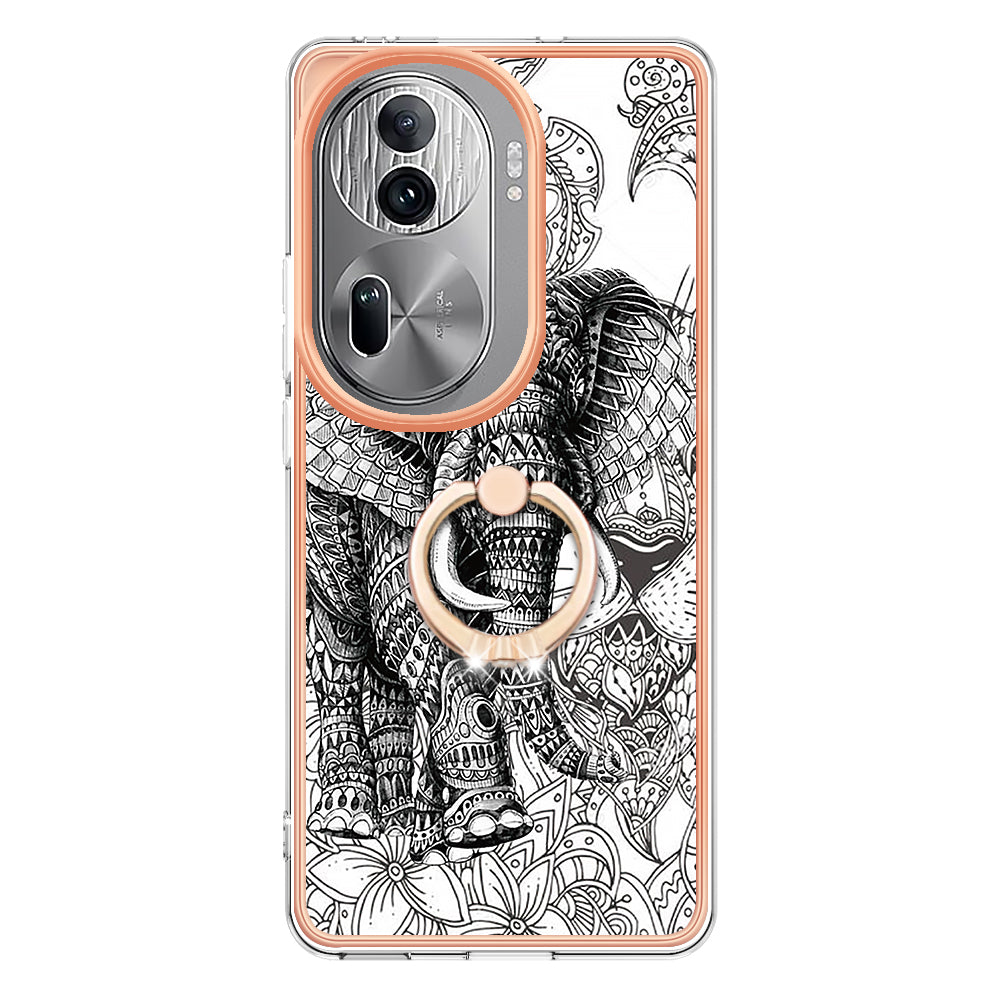 YB IMD Series-20 Style D for Oppo Reno11 Pro 5G (Global) TPU Case Pattern Printing 2.0mm Kickstand Cover - Totem Elephant