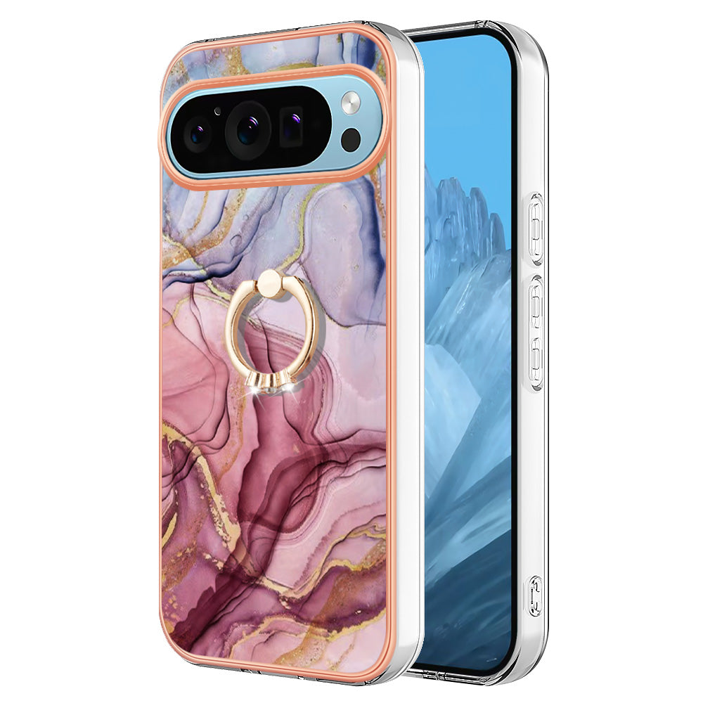 YB IMD Series-17 Style-E For Google Pixel 9 TPU Case Electroplating Kickstand Marble Pattern Cover - Rose Gold