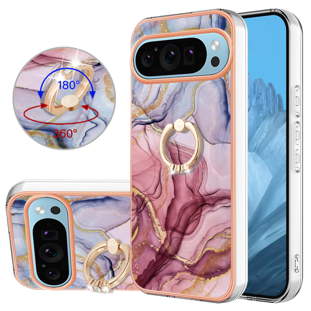 YB IMD Series-17 Style-E For Google Pixel 9 TPU Case Electroplating Kickstand Marble Pattern Cover - Rose Gold