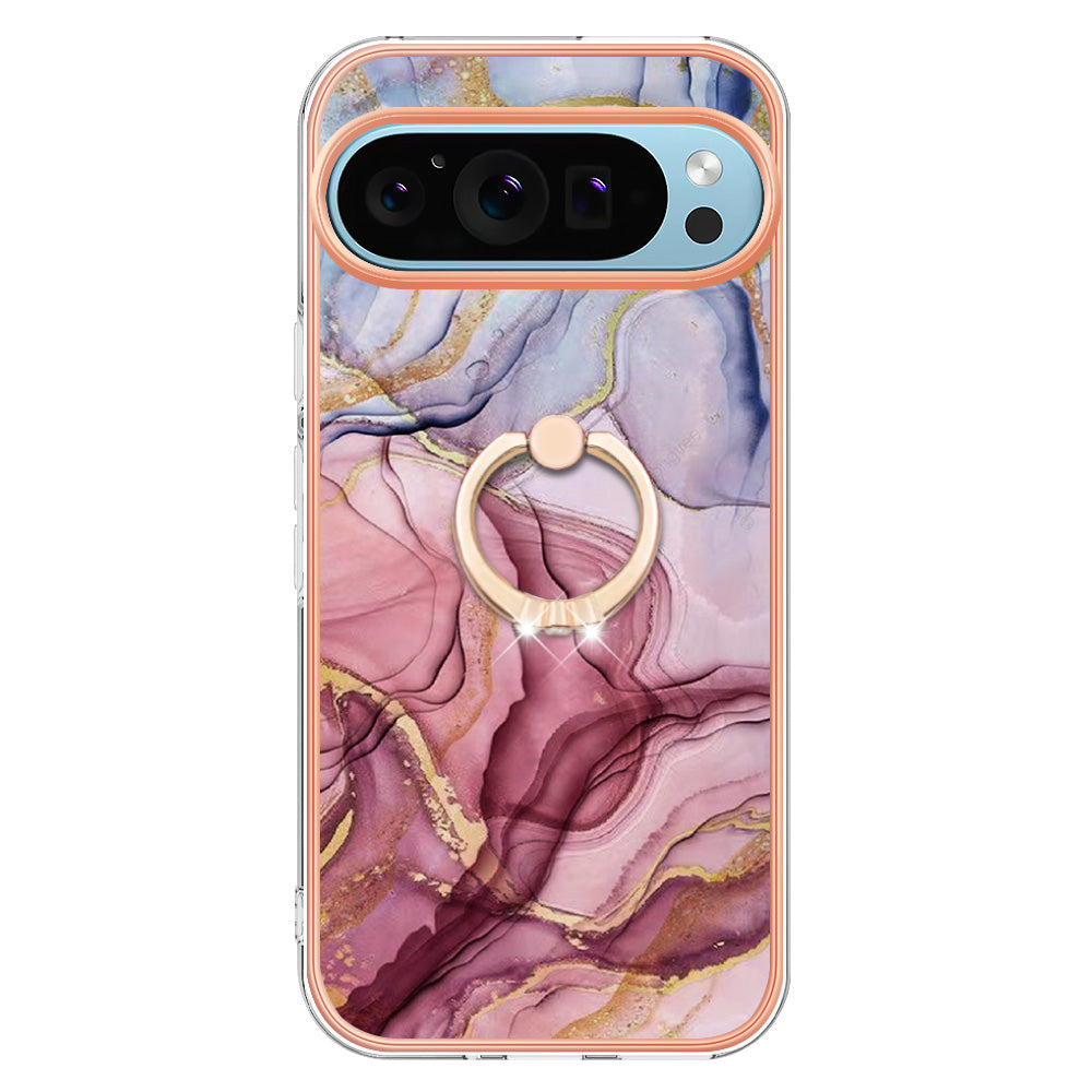 YB IMD Series-17 Style-E For Google Pixel 9 TPU Case Electroplating Kickstand Marble Pattern Cover - Rose Gold