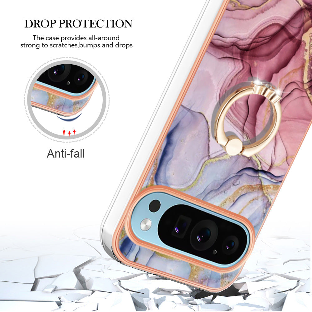 YB IMD Series-17 Style-E For Google Pixel 9 TPU Case Electroplating Kickstand Marble Pattern Cover - Rose Gold