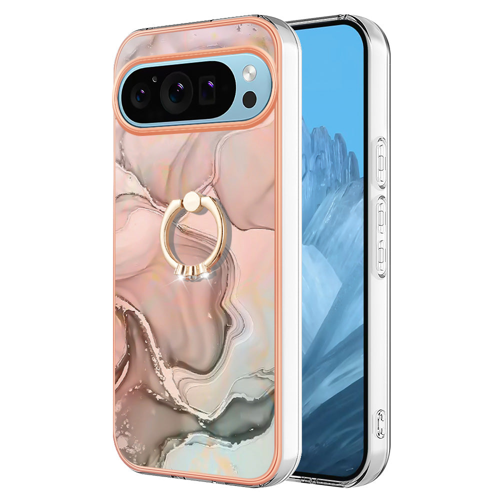 YB IMD Series-17 Style-E For Google Pixel 9 TPU Case Electroplating Kickstand Marble Pattern Cover - Pink