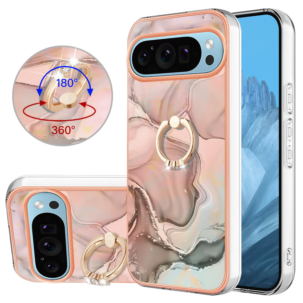 YB IMD Series-17 Style-E For Google Pixel 9 TPU Case Electroplating Kickstand Marble Pattern Cover - Pink