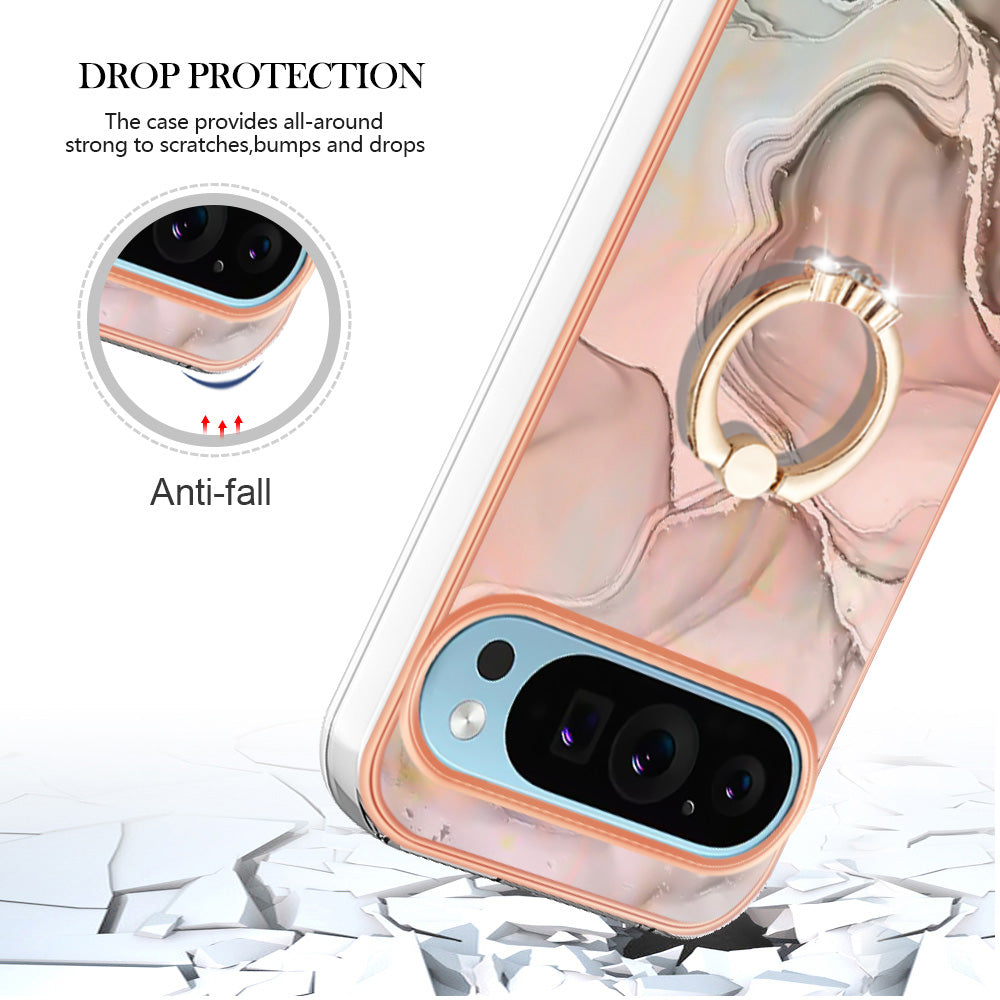 YB IMD Series-17 Style-E For Google Pixel 9 TPU Case Electroplating Kickstand Marble Pattern Cover - Pink