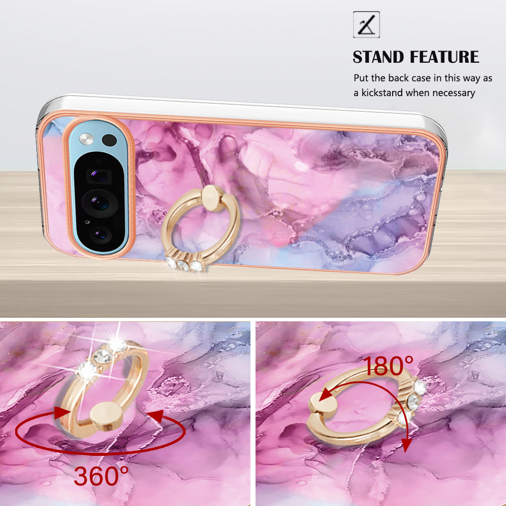 YB IMD Series-17 Style-E For Google Pixel 9 TPU Case Electroplating Kickstand Marble Pattern Cover - Rose