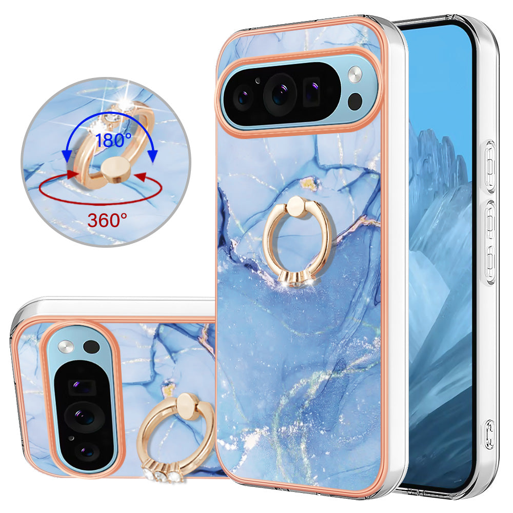 YB IMD Series-17 Style-E For Google Pixel 9 TPU Case Electroplating Kickstand Marble Pattern Cover - Blue