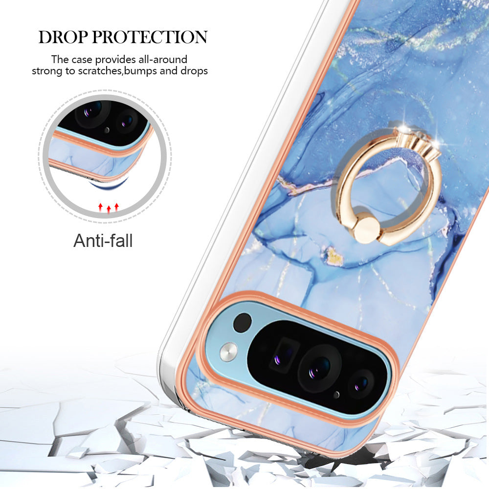 YB IMD Series-17 Style-E For Google Pixel 9 TPU Case Electroplating Kickstand Marble Pattern Cover - Blue