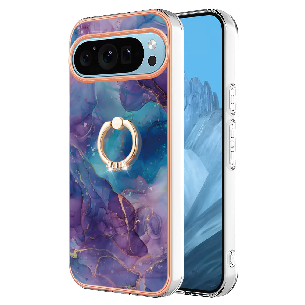 YB IMD Series-17 Style-E For Google Pixel 9 TPU Case Electroplating Kickstand Marble Pattern Cover - Purple