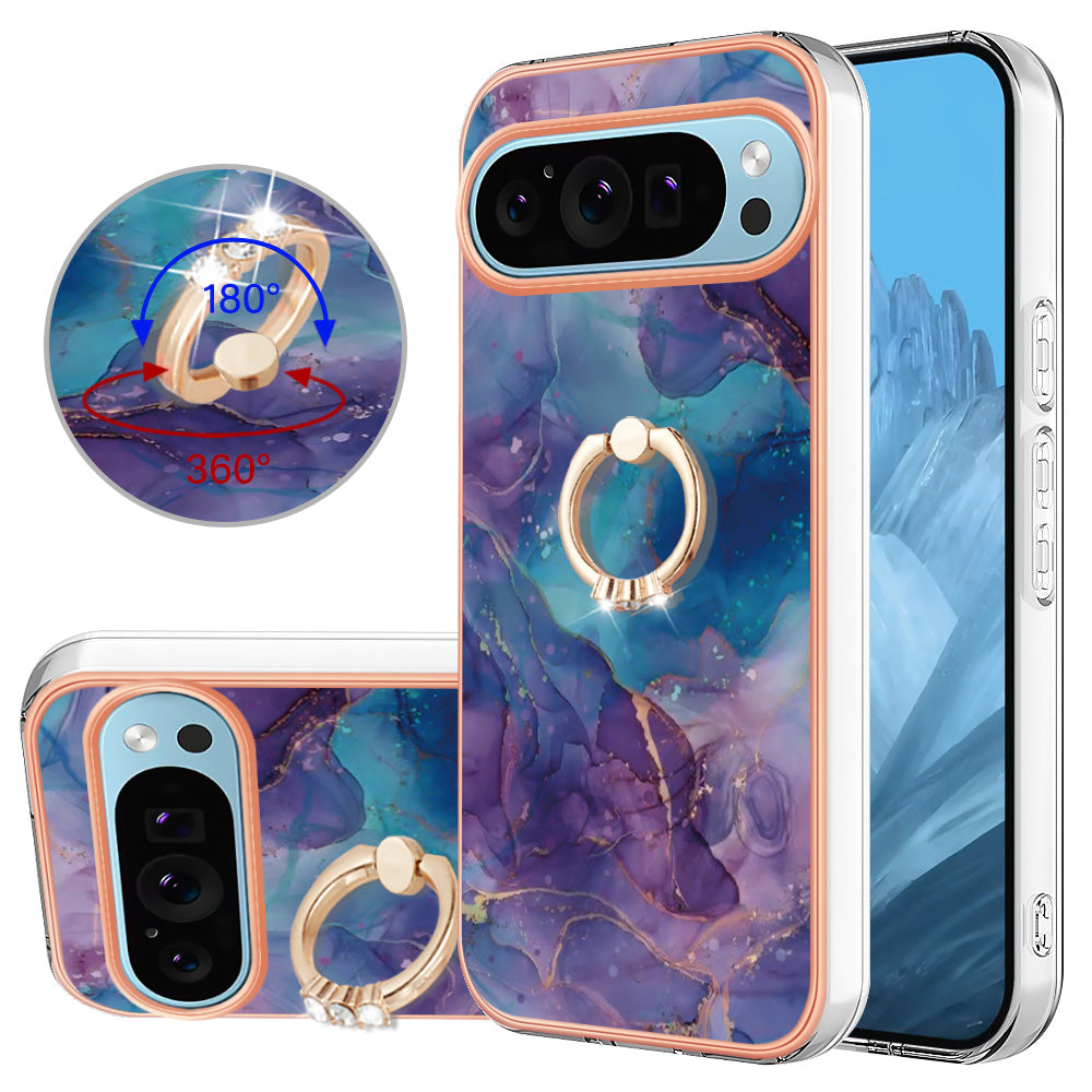 YB IMD Series-17 Style-E For Google Pixel 9 TPU Case Electroplating Kickstand Marble Pattern Cover - Purple