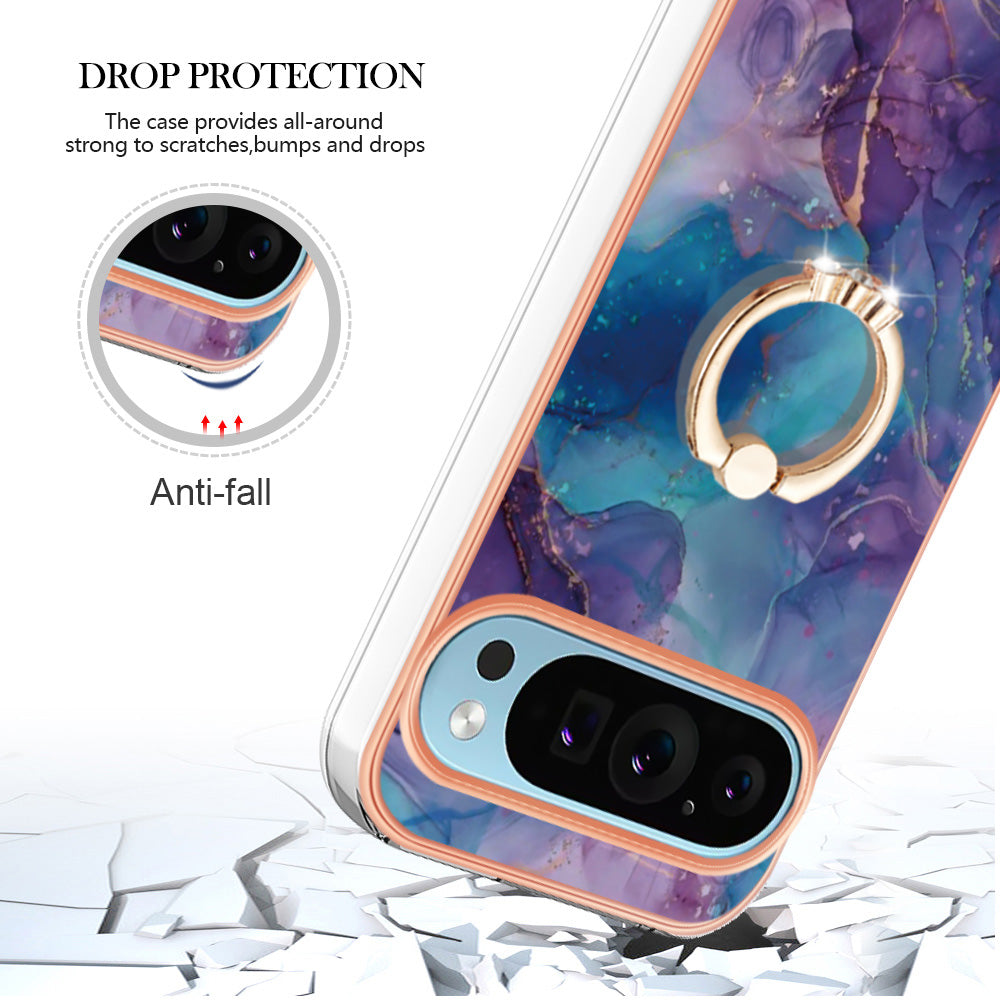 YB IMD Series-17 Style-E For Google Pixel 9 TPU Case Electroplating Kickstand Marble Pattern Cover - Purple