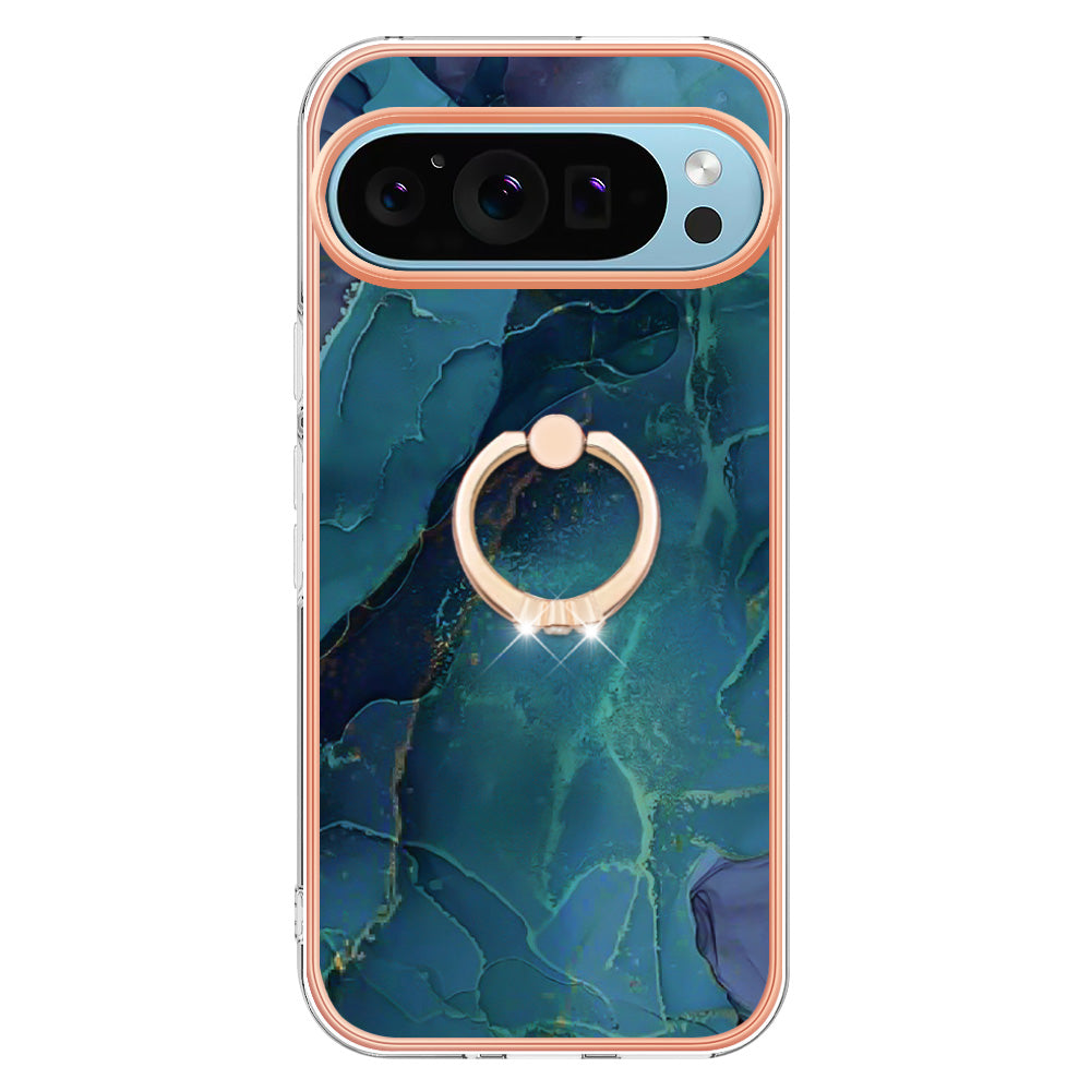 YB IMD Series-17 Style-E For Google Pixel 9 TPU Case Electroplating Kickstand Marble Pattern Cover - Green