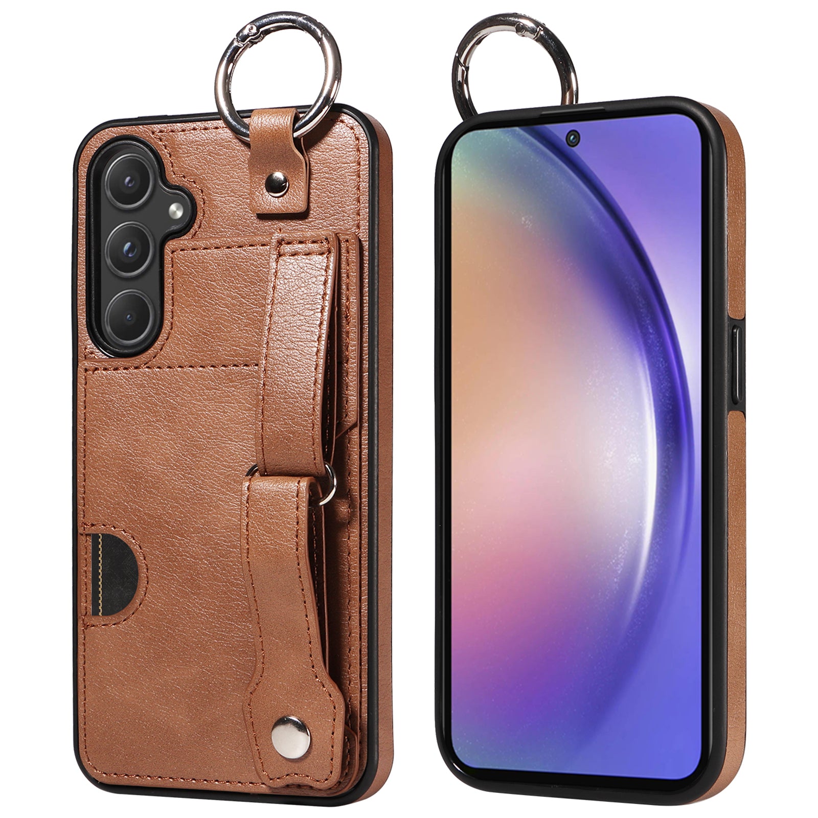 008 For Samsung Galaxy A55 5G Case with Wrist Strap Kickstand Leather+TPU Phone Cover - Brown