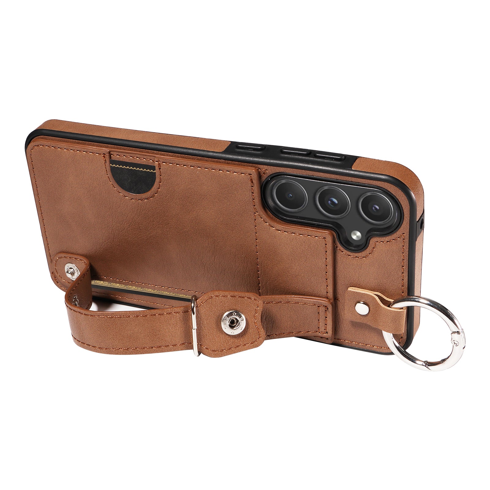 008 For Samsung Galaxy A55 5G Case with Wrist Strap Kickstand Leather+TPU Phone Cover - Brown