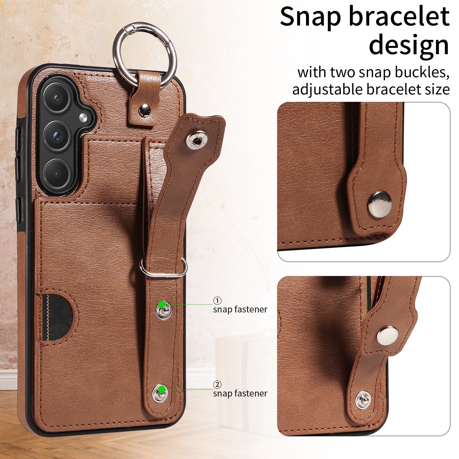 008 For Samsung Galaxy A55 5G Case with Wrist Strap Kickstand Leather+TPU Phone Cover - Brown