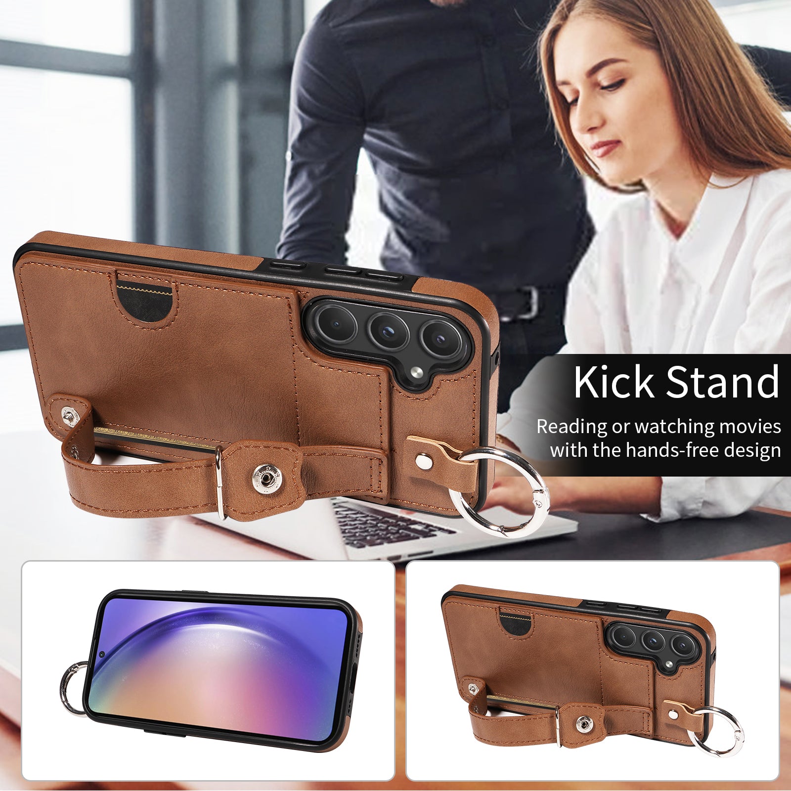 008 For Samsung Galaxy A55 5G Case with Wrist Strap Kickstand Leather+TPU Phone Cover - Brown