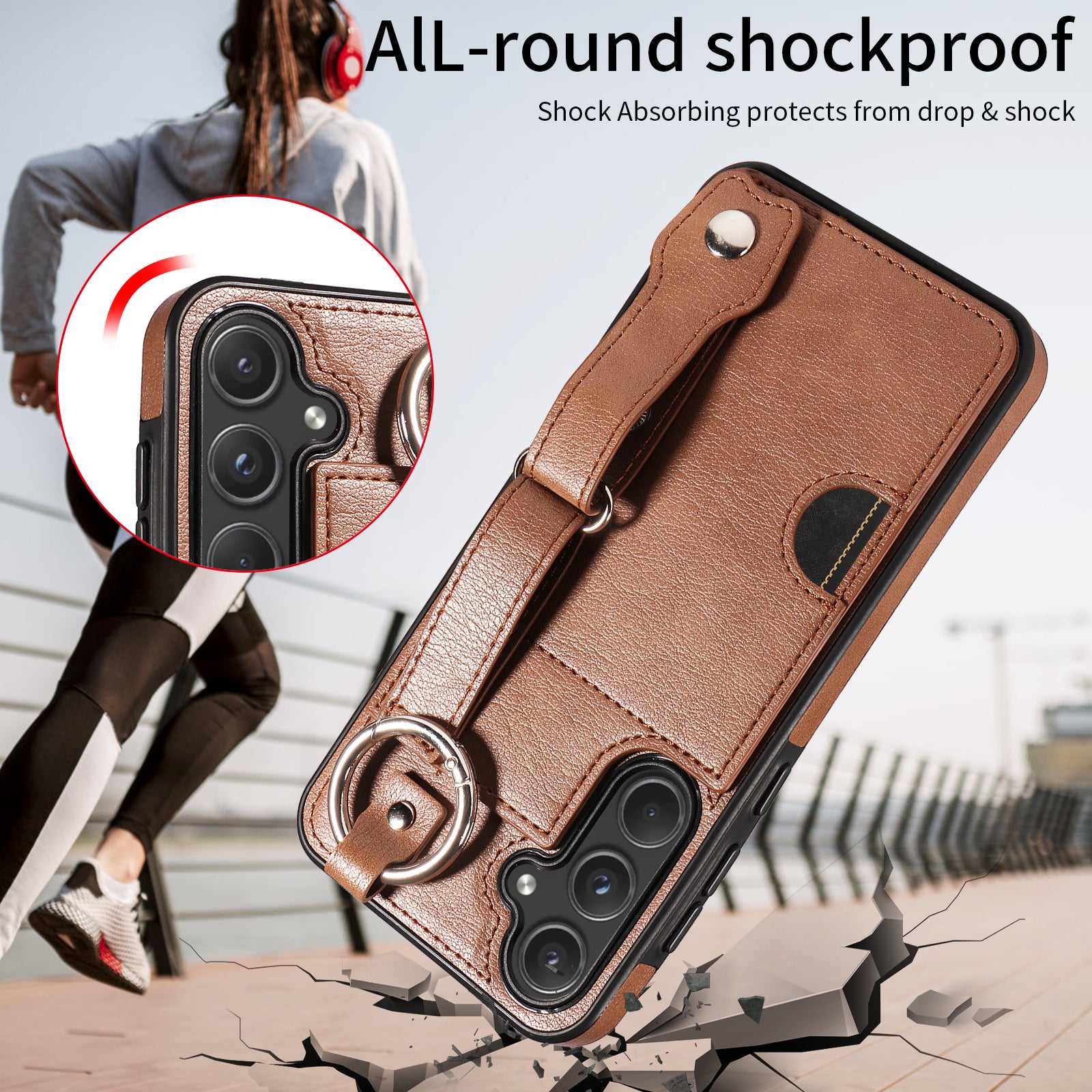 008 For Samsung Galaxy A55 5G Case with Wrist Strap Kickstand Leather+TPU Phone Cover - Brown