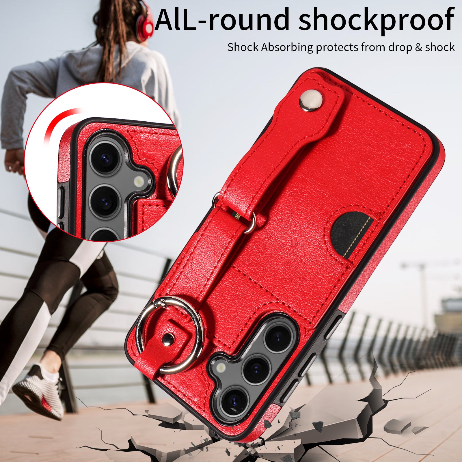 008 For Samsung Galaxy S24 Case Leather Coated TPU Shockproof Phone Cover with Kickstand - Red