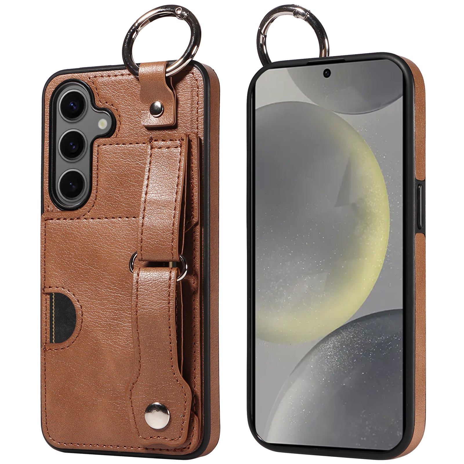 008 For Samsung Galaxy S24 Case Leather Coated TPU Shockproof Phone Cover with Kickstand - Brown