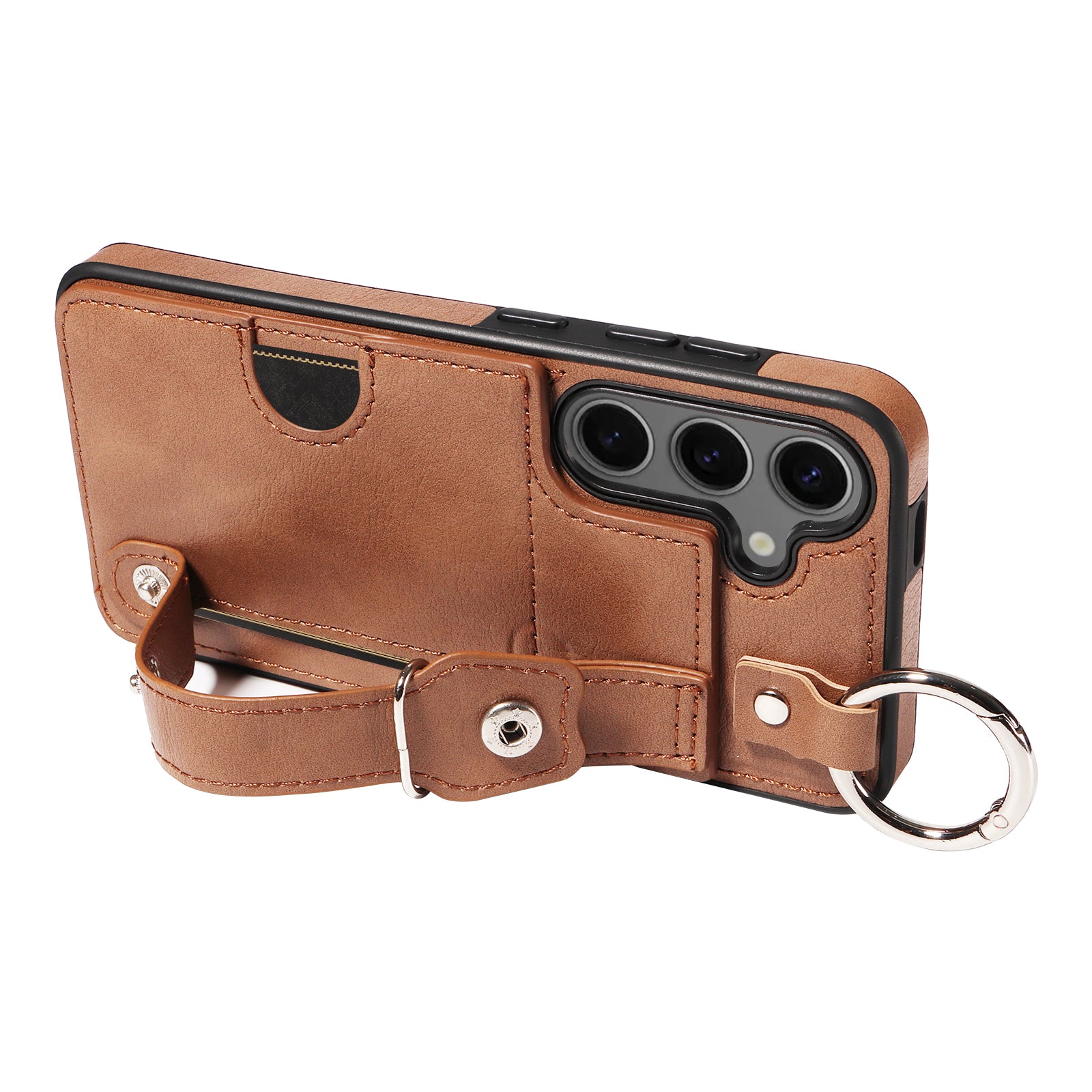 008 For Samsung Galaxy S24 Case Leather Coated TPU Shockproof Phone Cover with Kickstand - Brown