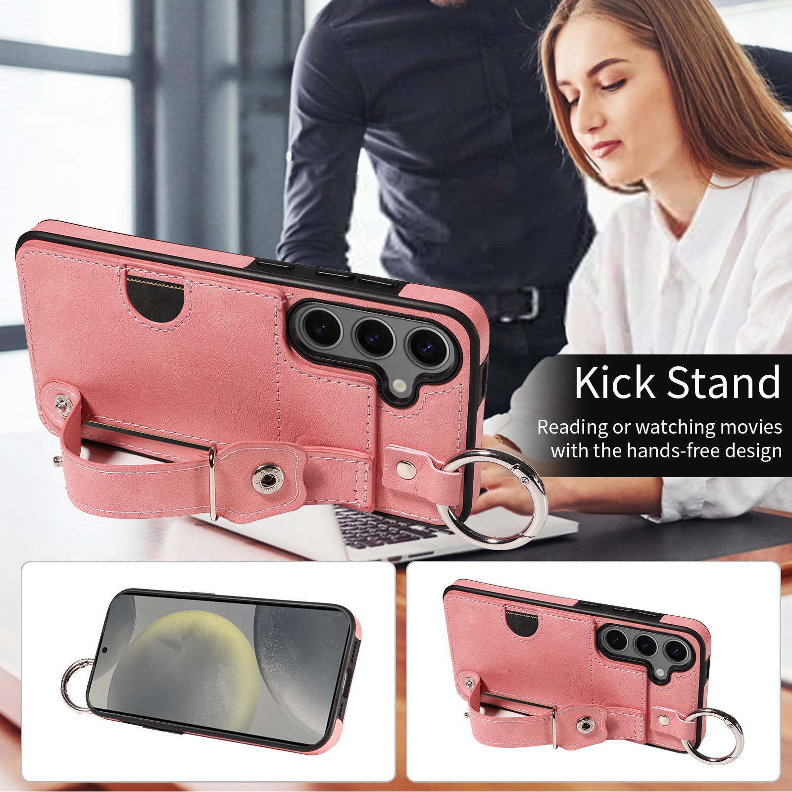 008 For Samsung Galaxy S24 Case Leather Coated TPU Shockproof Phone Cover with Kickstand - Pink