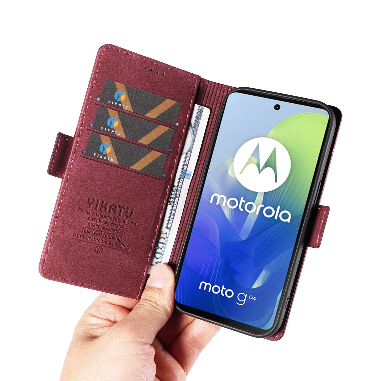 YIKATU YK-005 For Motorola Moto G04 4G / G24 4G Case Soft Skin-touch Leather Stand Phone Cover - Wine Red