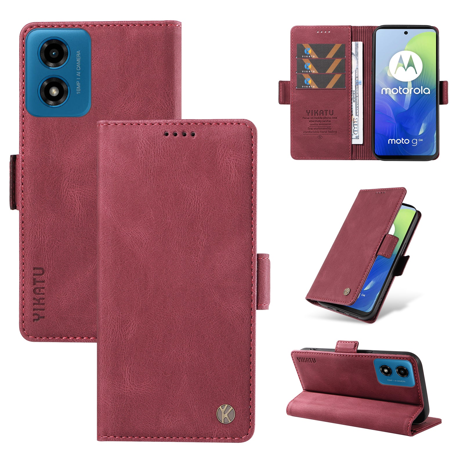 YIKATU YK-005 For Motorola Moto G04 4G / G24 4G Case Soft Skin-touch Leather Stand Phone Cover - Wine Red