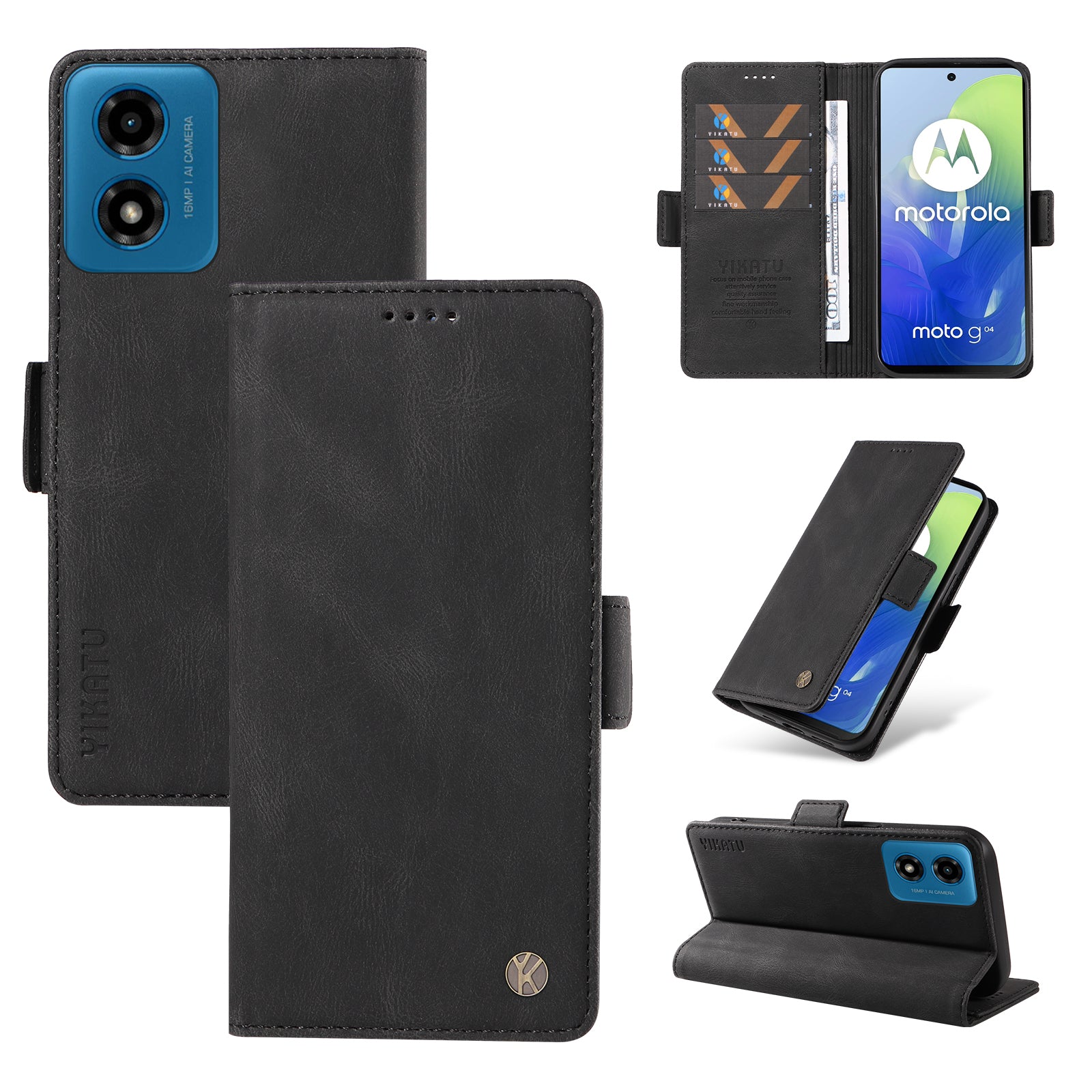 YIKATU YK-005 For Motorola Moto G04 4G / G24 4G Case Soft Skin-touch Leather Stand Phone Cover - Black