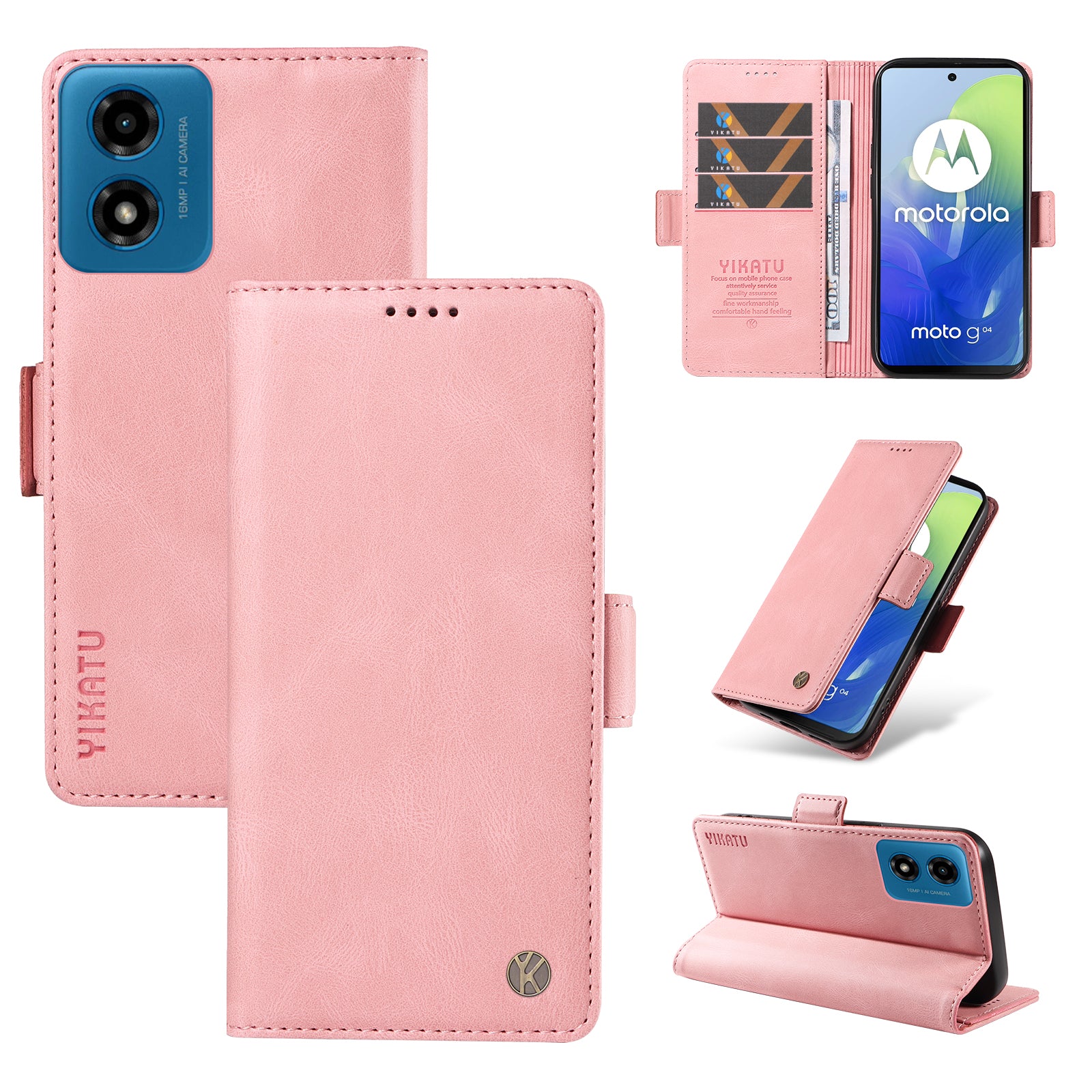 YIKATU YK-005 For Motorola Moto G04 4G / G24 4G Case Soft Skin-touch Leather Stand Phone Cover - Pink