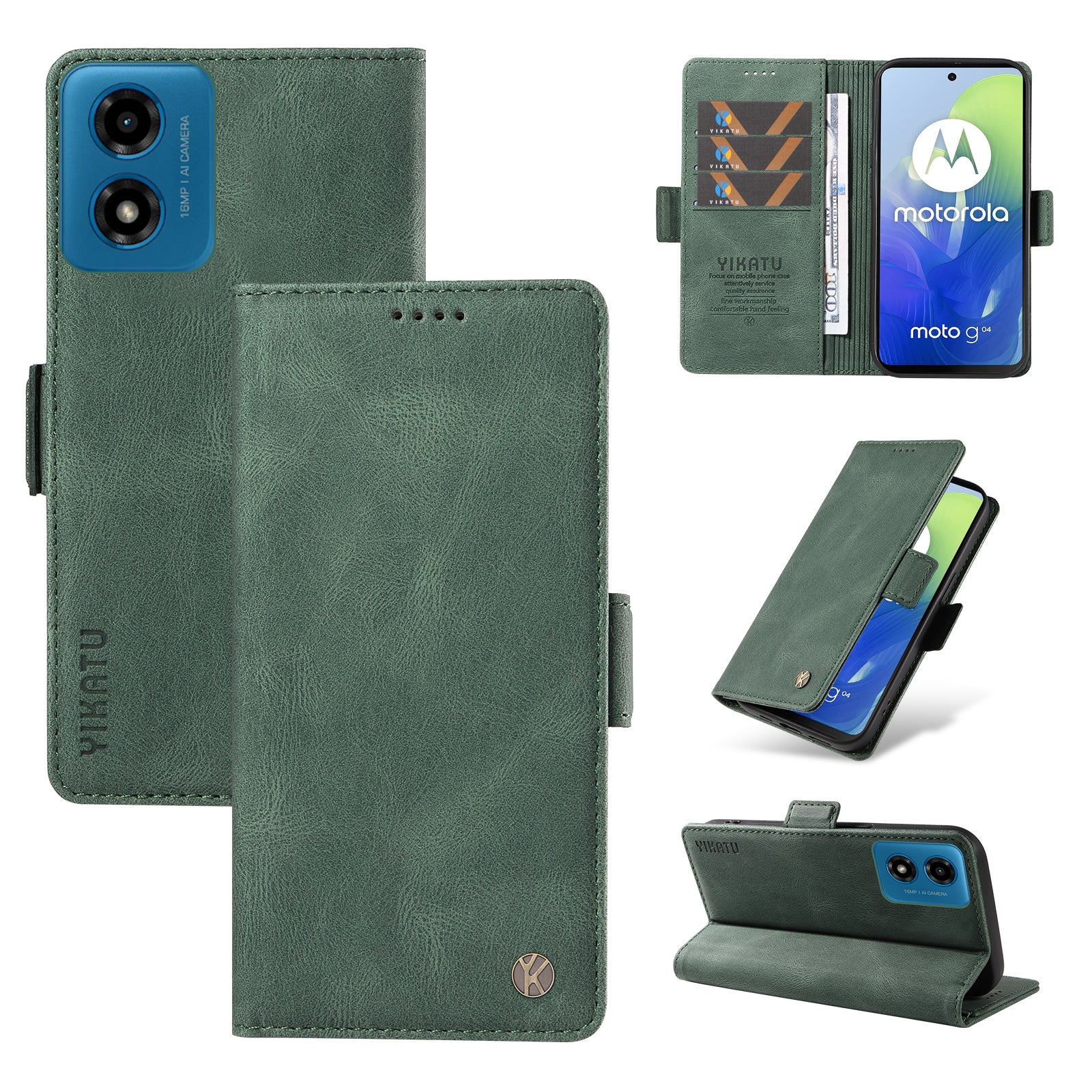 YIKATU YK-005 For Motorola Moto G04 4G / G24 4G Case Soft Skin-touch Leather Stand Phone Cover - Green